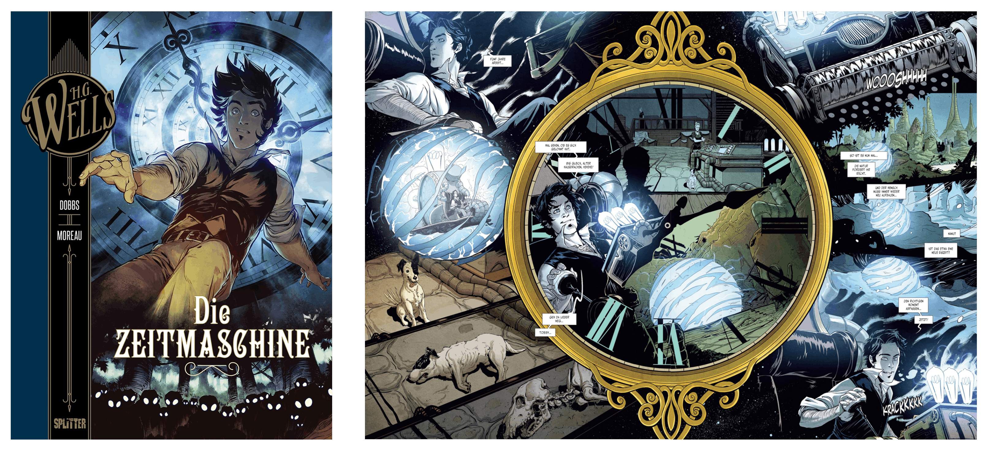Cover und Beispielseite des Comics "Die Zeitmaschine"