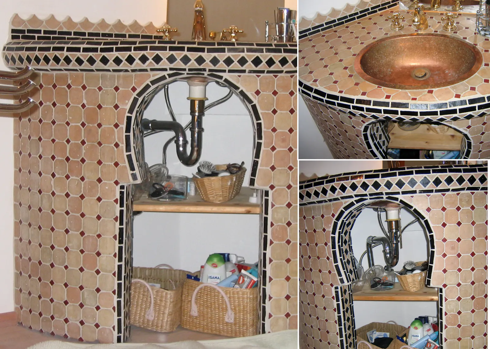 Collage mit mehreren Fotos eines großen Waschtischs mit Regalaussparungen, in der Grundform nach Kundenwünschen hergestellt, vollständig mit echtem Mosaik versehen.