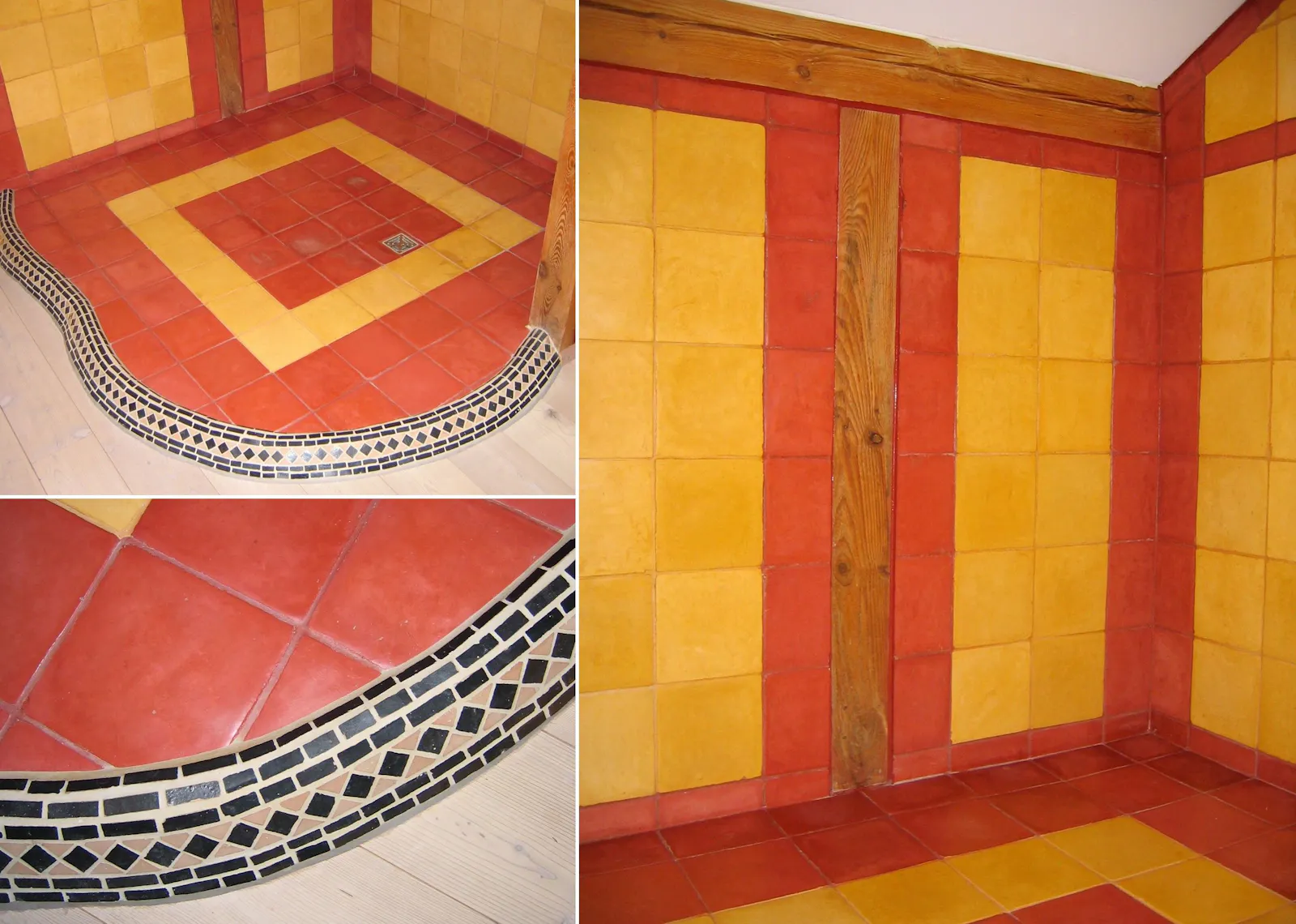 Collage mehrerer Fotos eines großen Duschbereichs mit farbenfrohen Fliesen, kombiniert mit vorhandenen Holzbalken, und einer Randeinfassung aus echtem Mosaik.