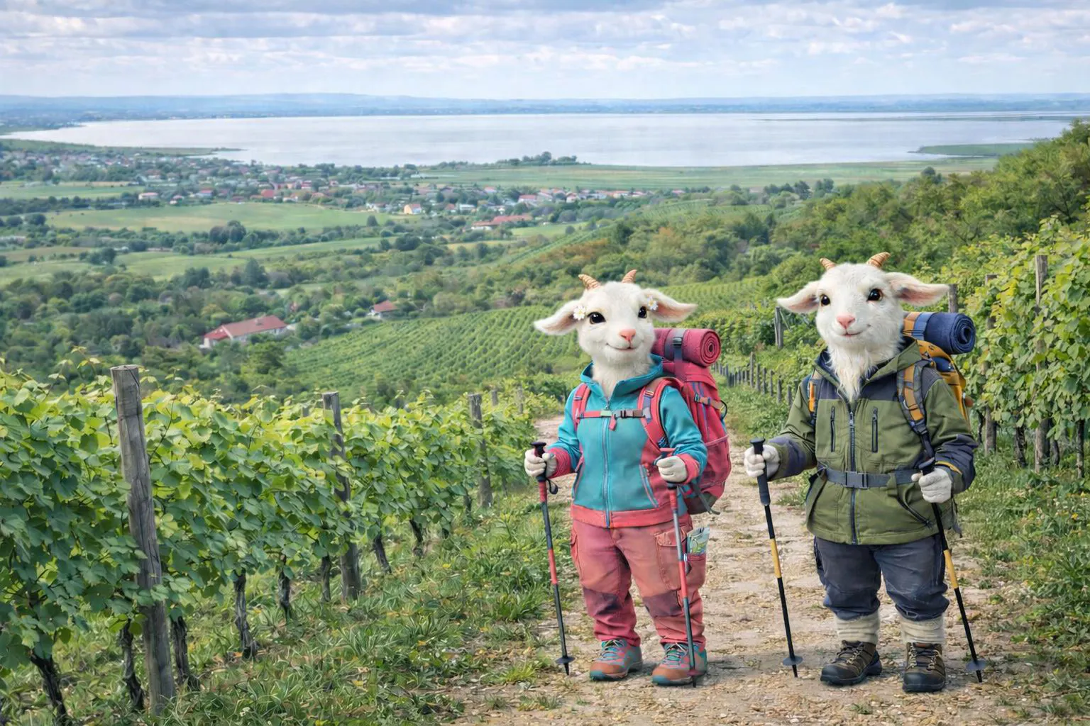 KI-generiertes Bild zweier antropomorpher Ziegen, die durch einen Weingarten im Burgenland gehen.