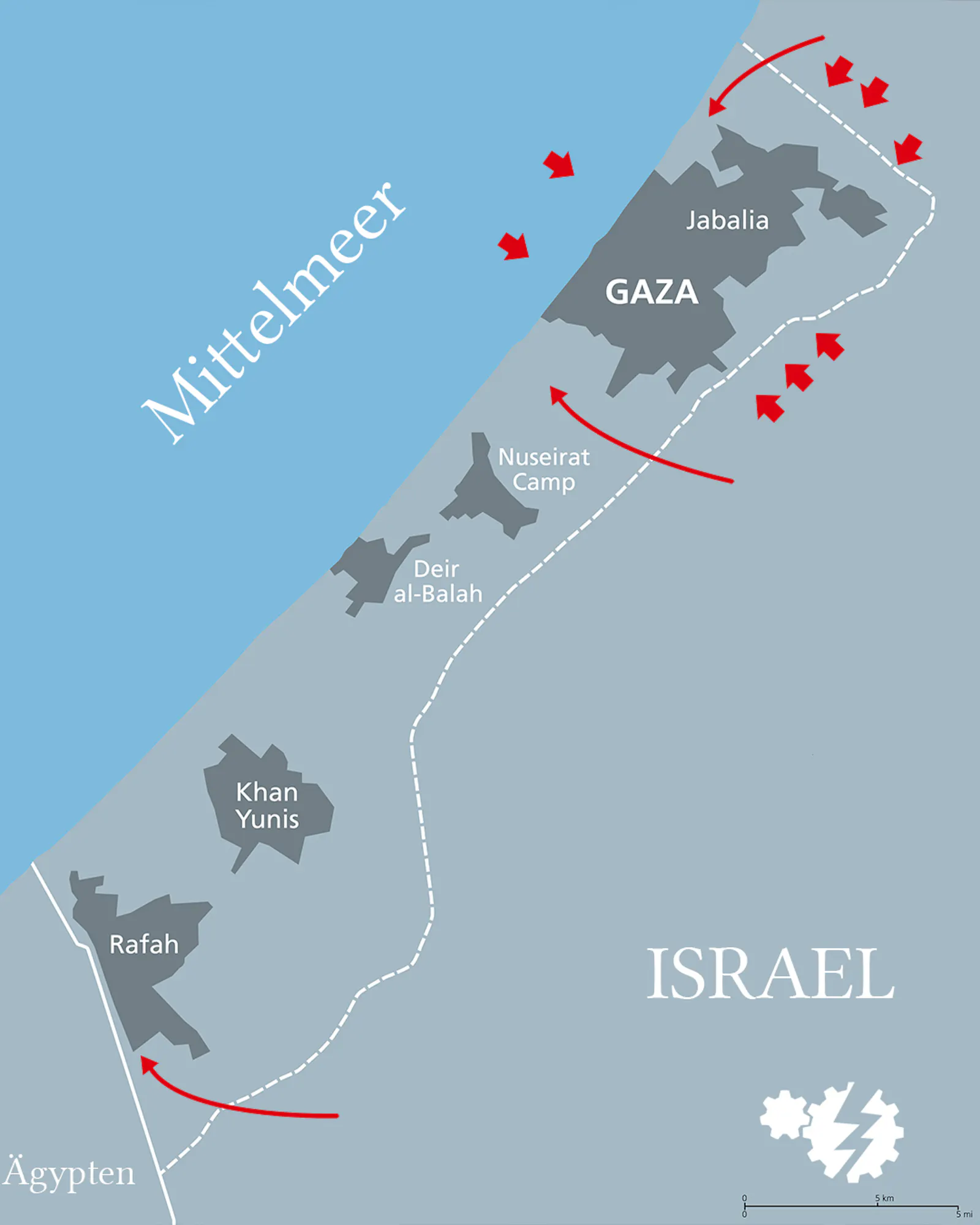 Karte des Gazastreifen mit den wahrscheinlichen Bewegungen des israelischen Angriffs.