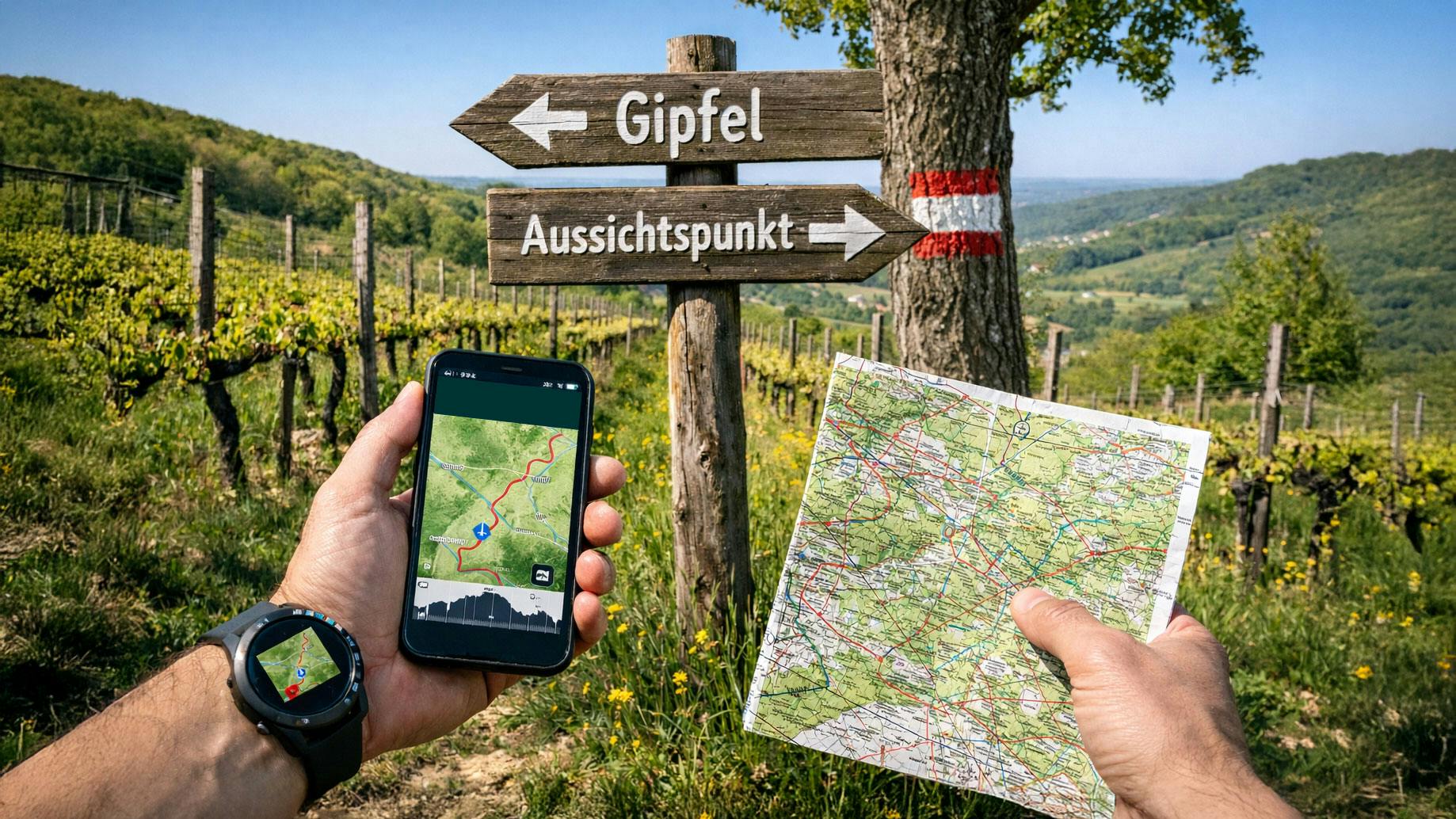 Symbolbild (KI-generiert): Wanderer mit Navi-App, GPS-Uhr und Wanderkarte vor Wegweisern und Markierungen in einem Weingarten.