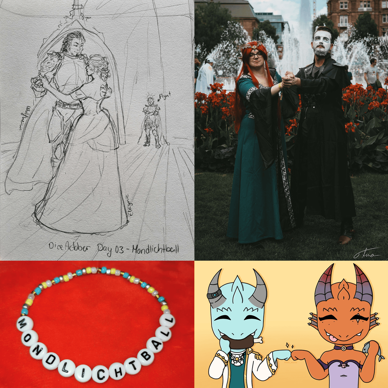 Links oben: Korthos und Elaynie Tanzen im Ballsaal, im Hintergrund muss Flynt zusehen
Rechts oben: Korthos und Elaynie als Cosplay vor dem Springbrunnen im Rosengarten
Links unten: Ein Armband mit der Aufschrift "Mondlichtball"
Rechts unten: Fistbump zwischen Jeri und Medrash, die sich die Bäuche vollschlagen.