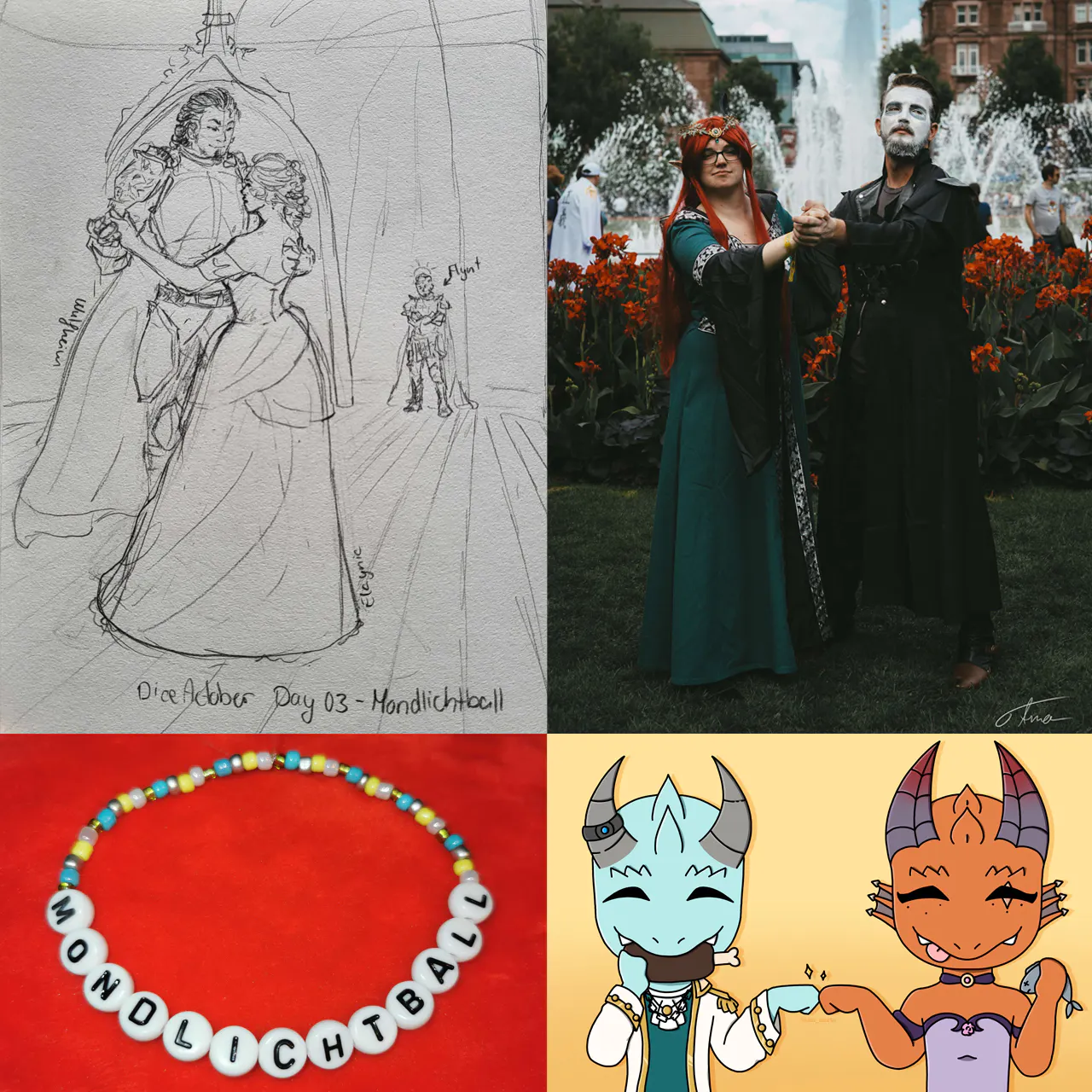 Links oben: Korthos und Elaynie Tanzen im Ballsaal, im Hintergrund muss Flynt zusehen
Rechts oben: Korthos und Elaynie als Cosplay vor dem Springbrunnen im Rosengarten
Links unten: Ein Armband mit der Aufschrift "Mondlichtball"
Rechts unten: Fistbump zwischen Jeri und Medrash, die sich die Bäuche vollschlagen.