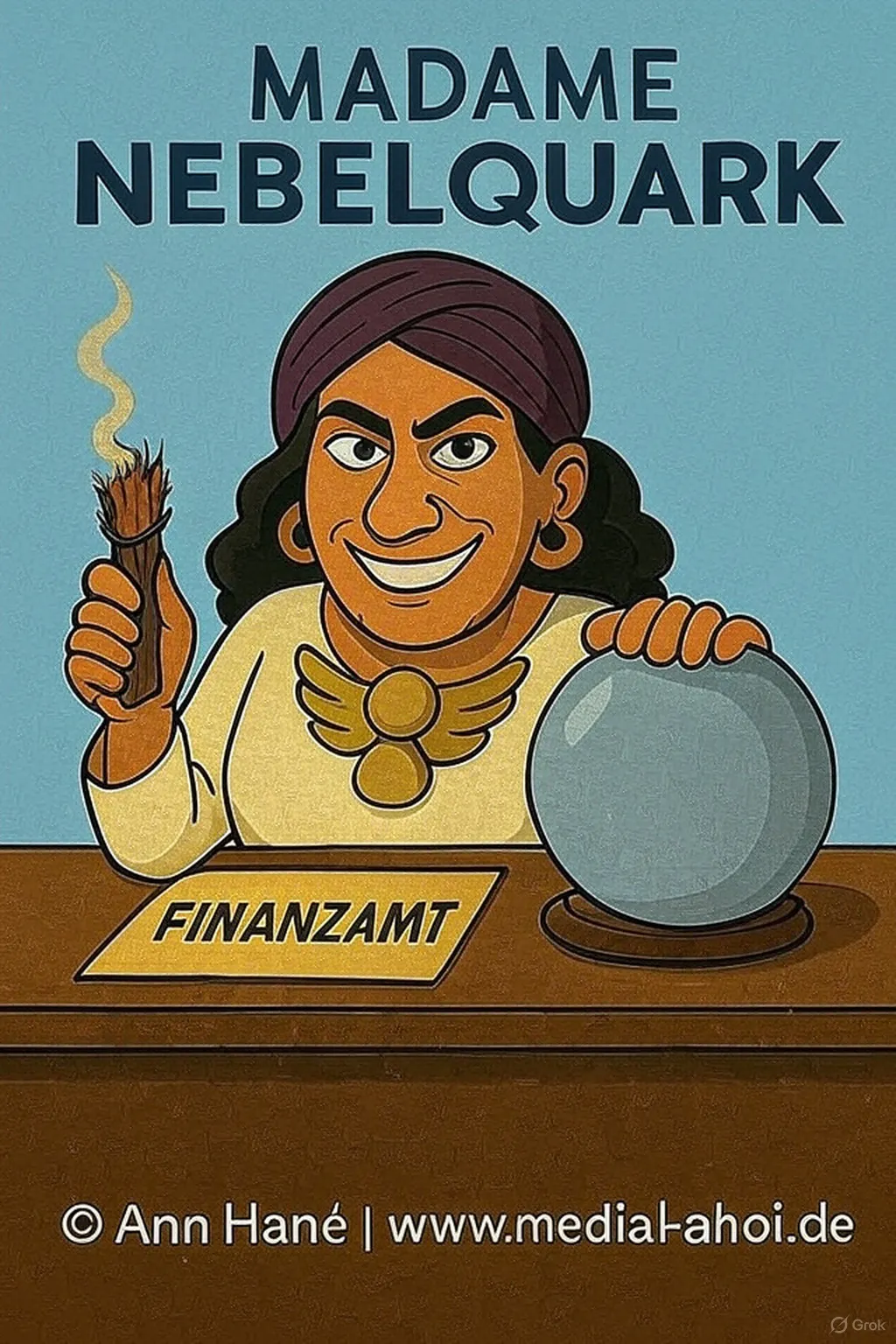 Auf dem Bild ist eine Frau mit Turban,einer Kugel und einer Engel-Halskette zu sehen. Über dem Bild liets man das Wort Madame Nebelquark und ganz unten Ann Hané|www.media-ahoi.de. Auf dem Tisch ist das Wort Finanzamt zu lesen. Madame Nebelquark hat ein Strauch in der Hand, zum hexen und verfluchen. Sie räuchert vor sich hin.