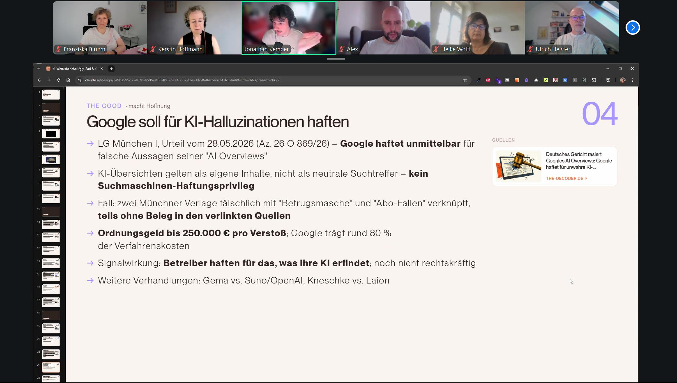 Screenshot vom StrateKI Breakfast Club in Zoom mit Jonathan Kemper, Folie zeigt "Google soll für KI-Halluzinationen haften" als Titel