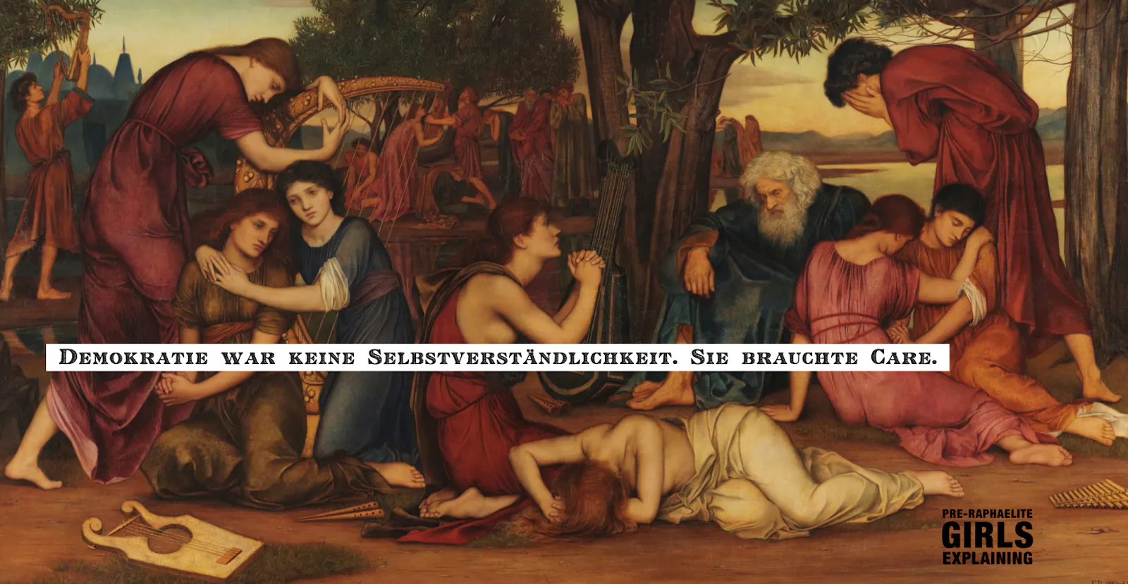 Gemäldeausschnitt zeigt Gruppe Trauernder. Hinzugefügter Text: Nachts weinten die »Reichs-Influencerinnen« in ihre Kissen, die sie mit Aktionsrabatt auf Instagram gekauft hatten, als sie noch über eigenes Geld und Internetzugang verfügten.
