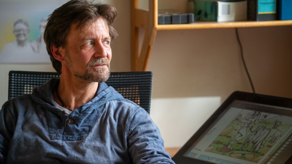 Das Bild zeigt Klettercomiczeichner Eberhard Köpf, genannt "Erbse"