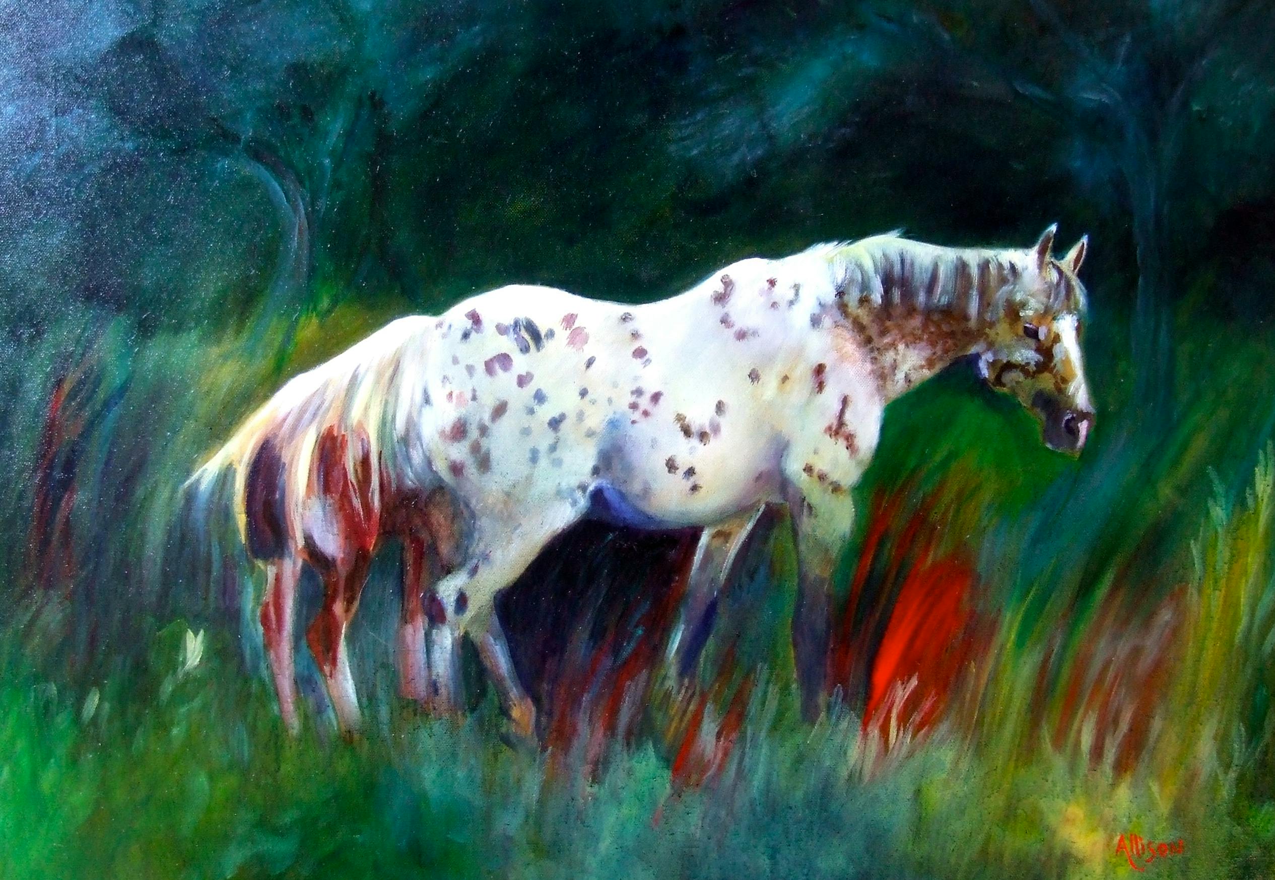 A mixed media painting of a spotted Appaloosa and her foal, which is hidden under her tail to the left.