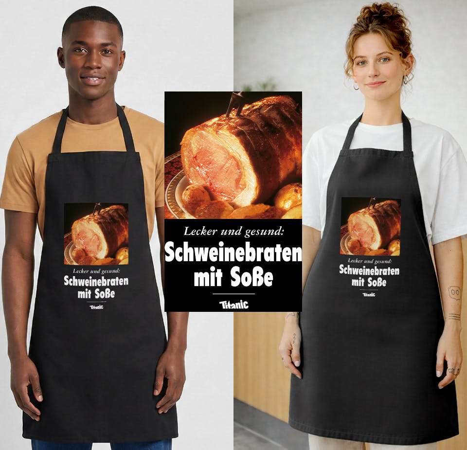 Ein Mann und eine Frau. Beide tragen eine schwarze Kocschürze. Die Schürze ist mit einem Schweinebraten bedruckt unter dem folgender Text steht: 
Lecker und Gesund: Schweinebraten mit Soße