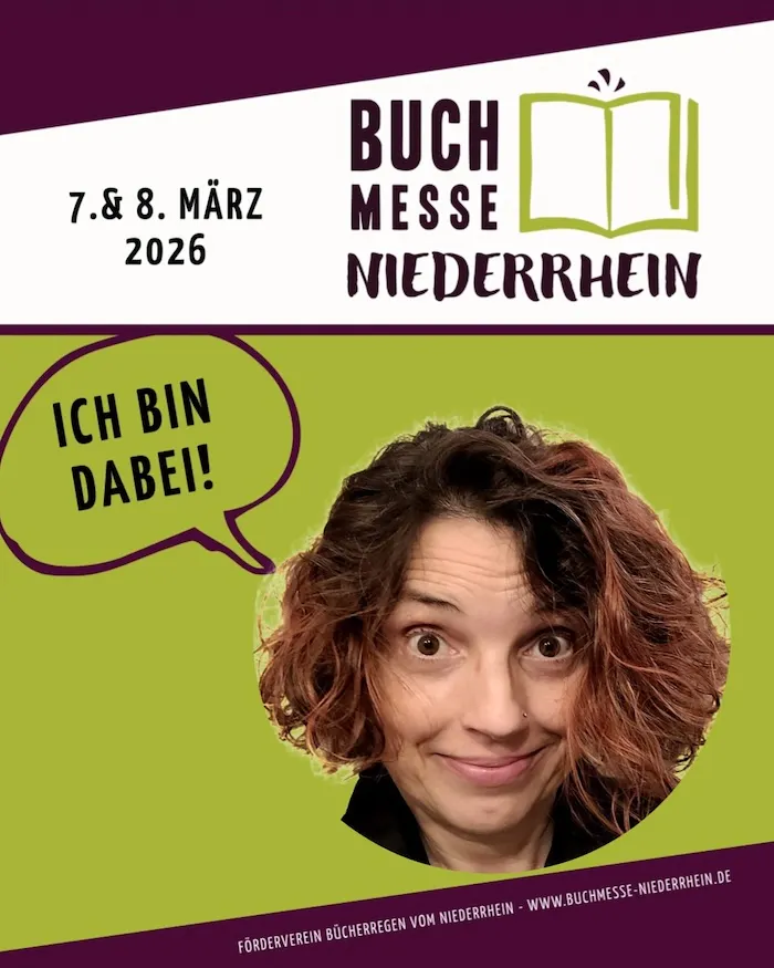Collage mit Foto von Christine Piontek auf dem Ankündigungsbanner der Buchmesse Niederrhein mit der Sprechblase "Ich bin dabei!"