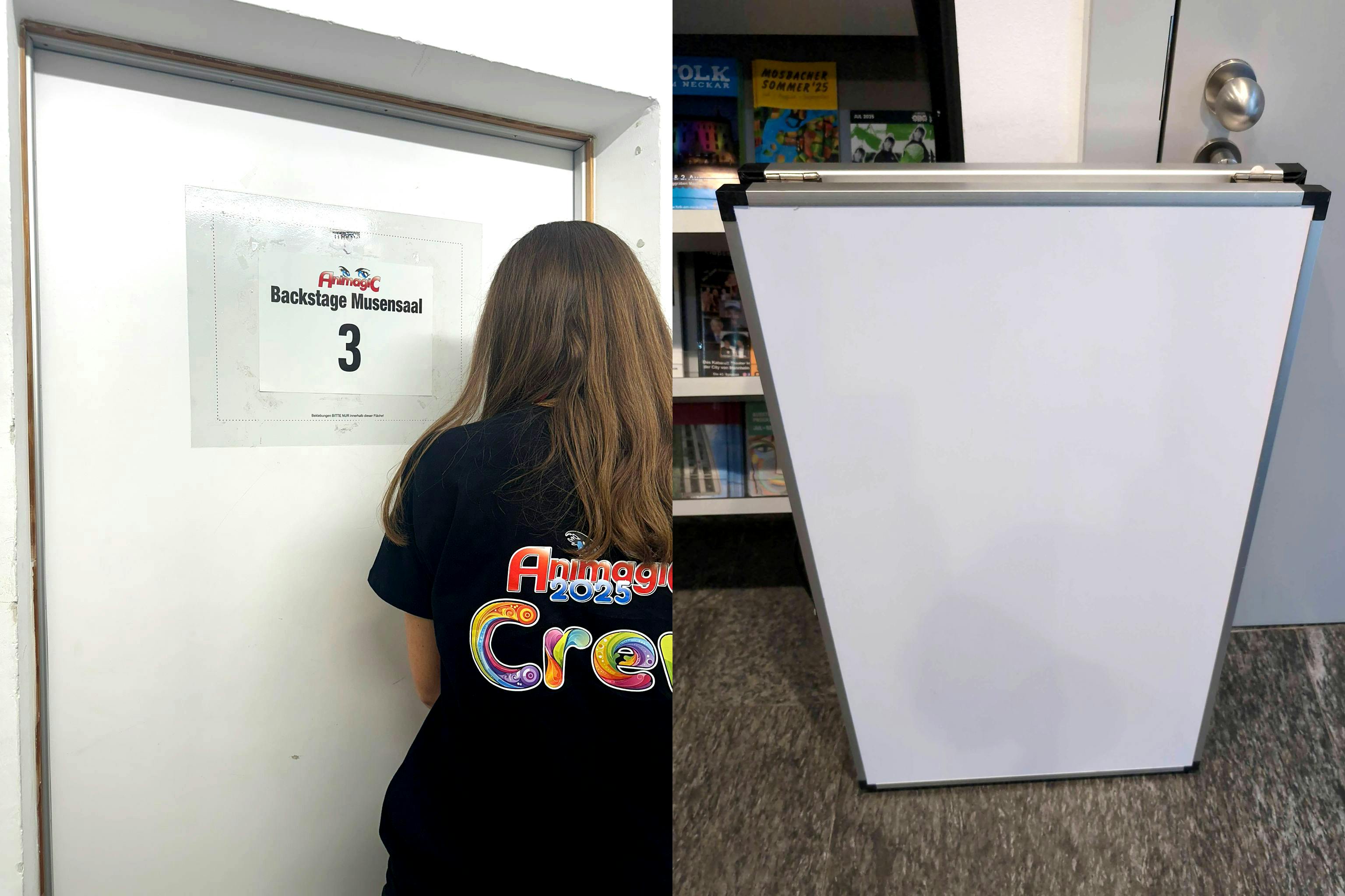 Links: Person mit „AnimagiC 2025 Crew“-T-Shirt vor einer Tür mit Schild „Backstage Musensaal 3“. Rechts: zusammengeklappter Tapeziertisch vor einem Regal im AnimagiC-Büro.