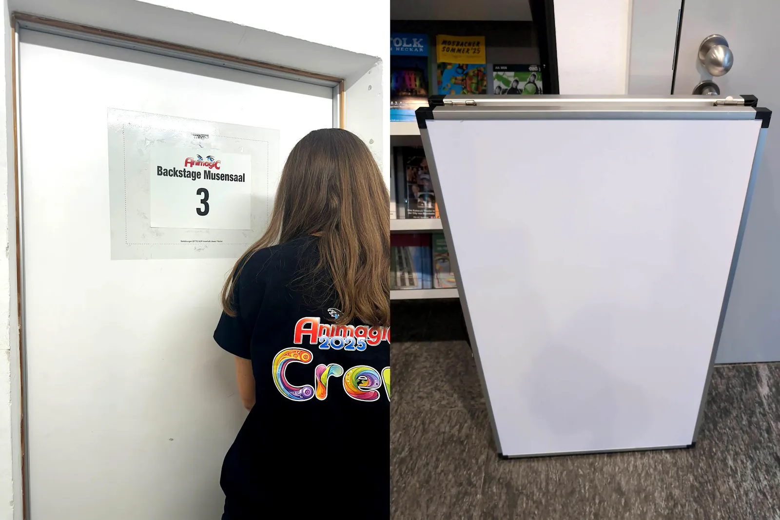 Links: Person mit „AnimagiC 2025 Crew“-T-Shirt vor einer Tür mit Schild „Backstage Musensaal 3“. Rechts: zusammengeklappter Tapeziertisch vor einem Regal im AnimagiC-Büro.