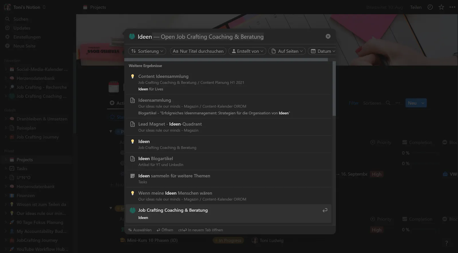 Screenshot von Notions Suche-Funktion