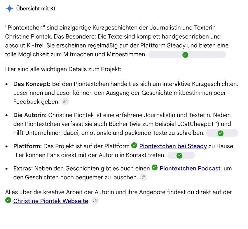 Screenshot von der Zusammenfassung, die die KI von Google zu den Piontextchen und Christine Piontek liefert