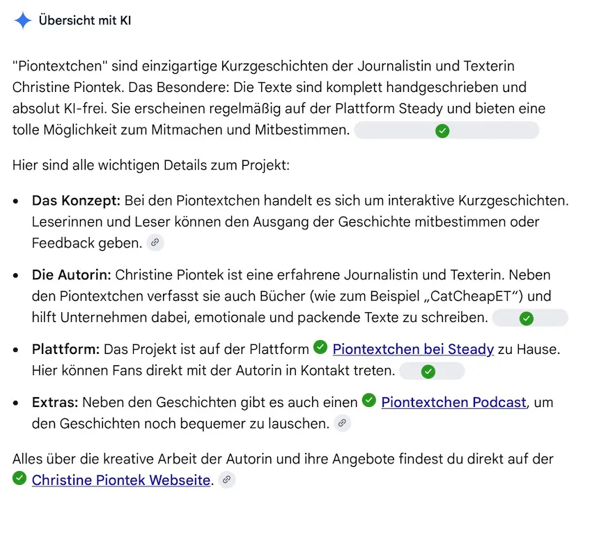 Screenshot von der Zusammenfassung, die die KI von Google zu den Piontextchen und Christine Piontek liefert