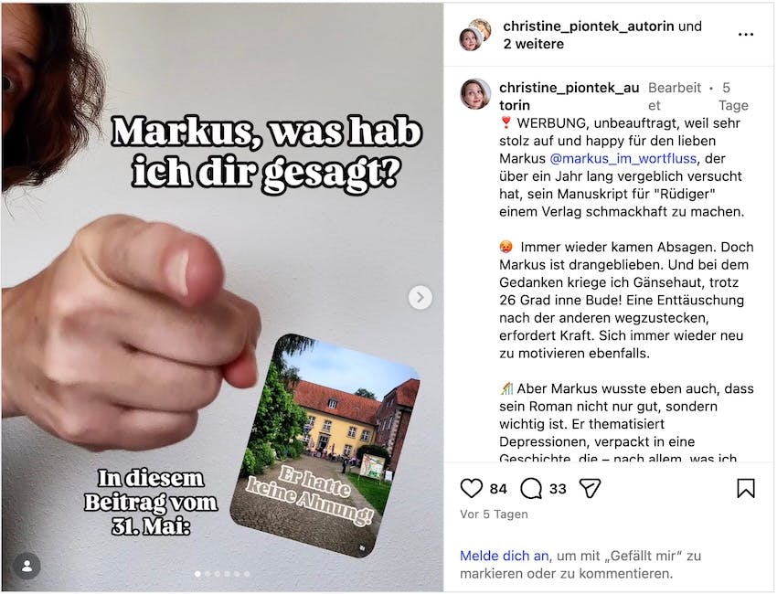 Screenshot eines Beitrags von Christine Piontek auf Instagram, in dem es darum geht, das Markus Hofmann einen Verlag für seinen Roman "Rüdiger" gefunden hat.