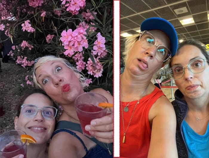 Christine Piontek und ihre Schwester vor dem Abflug und bei der Nachricht, dass der Flug gestrichen wurde.