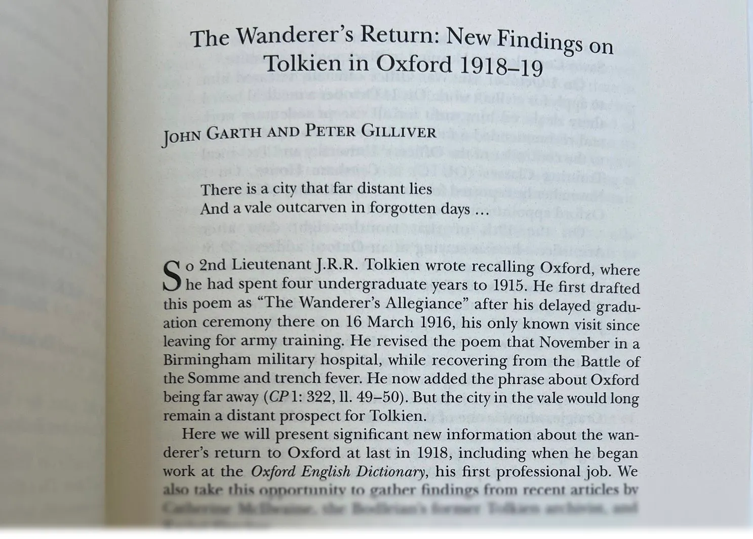 Opening paragraphs of "The Wanderer’s Return: New Findings on Tolkien in Oxford 1918–19" by John Garth and Peter Gilliver in TOLKIEN STUDIES 21.