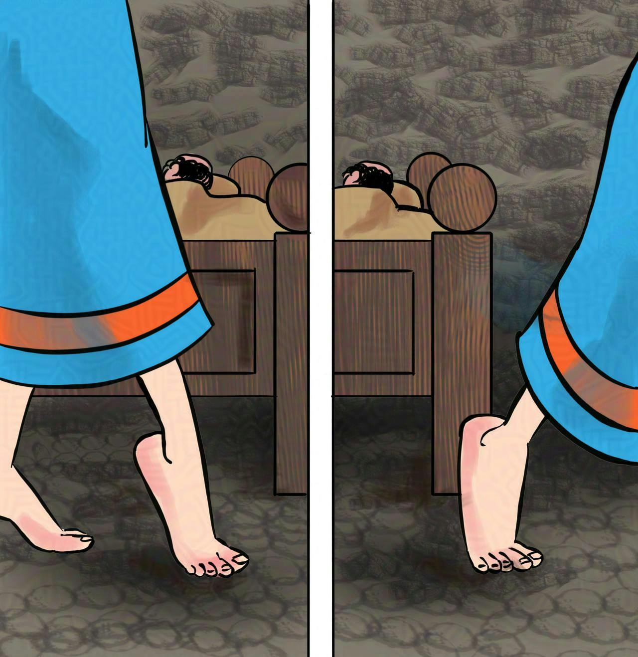 Panels 1-4:
Krakatoa sneaks past the rows of sleeping monks on tippy-toes, on bare feet while holding her shoes in one hand.