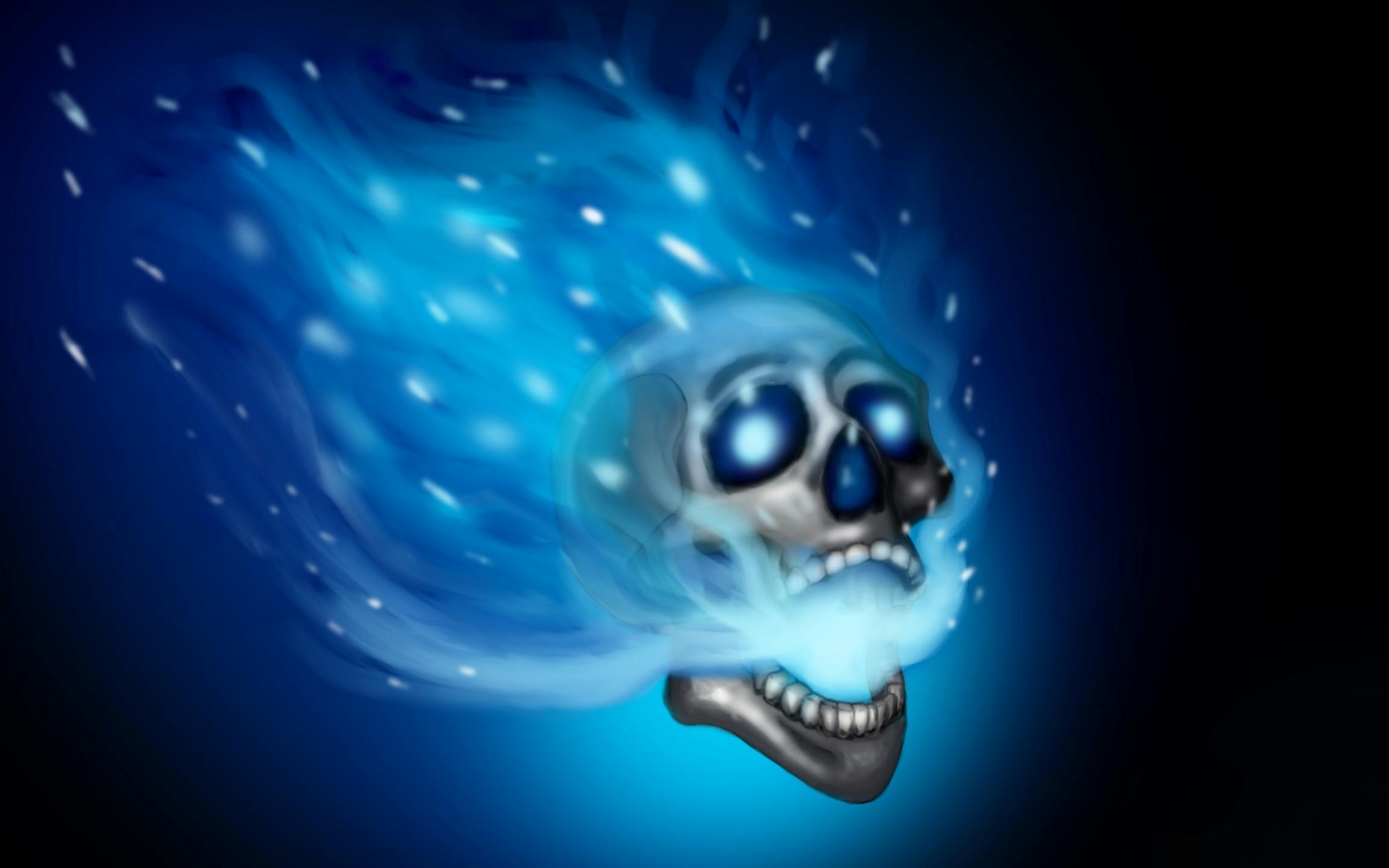 Ein Fanart von "Blue". Darauf sieht man Gynther, der mit aufgerissenem Mund nach vorn fliegt. Im Mund sind blaue Flammen zu erkennen, genau wie auf seinem Kopf.