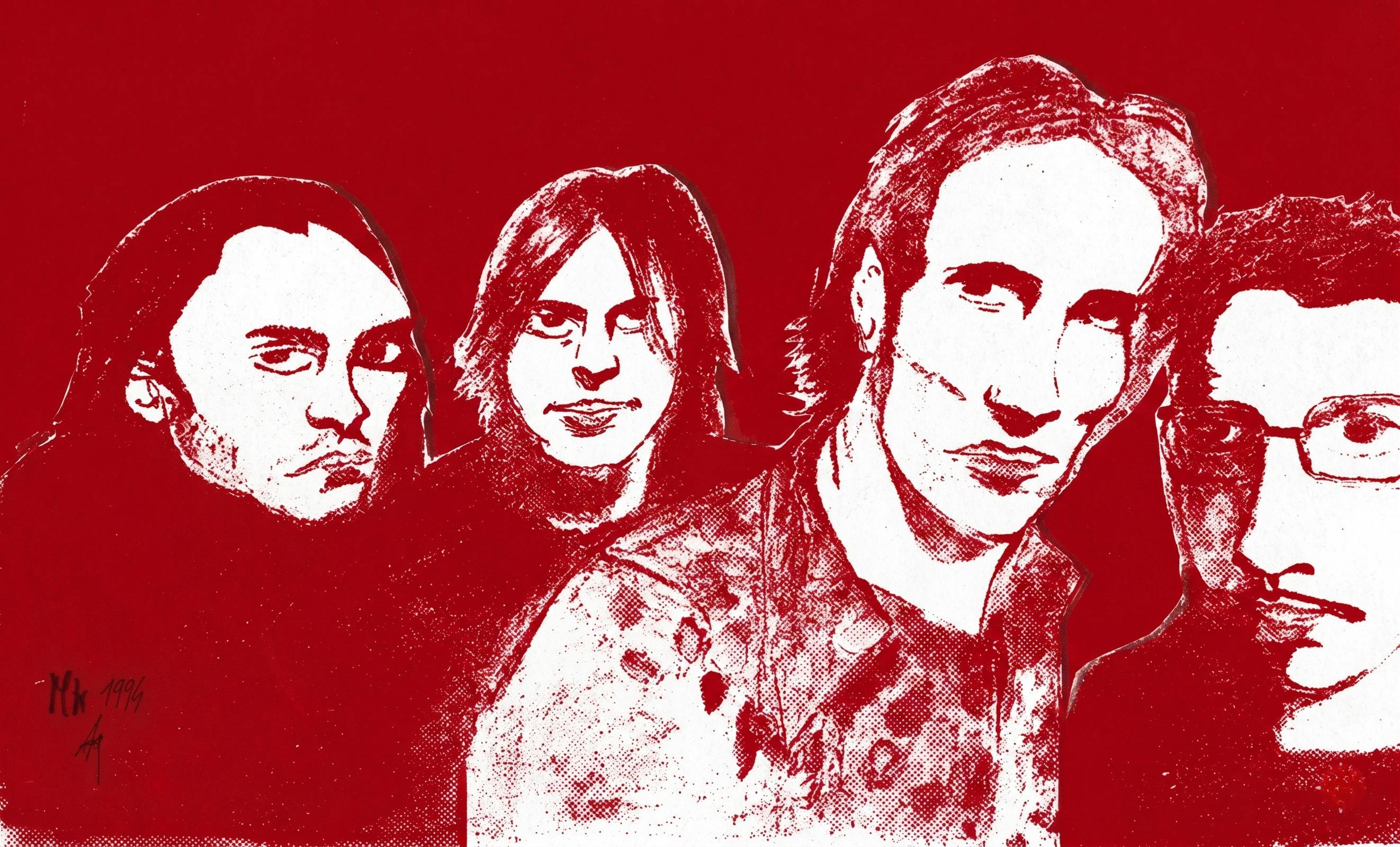 Illustrazione stilizzata in rosso e bianco dei Marlene Kuntz, con i volti dei quattro componenti in alto contrasto su sfondo rosso vivido.