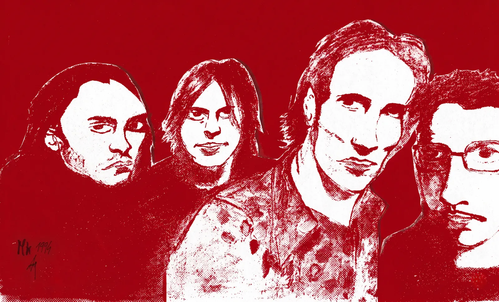Illustrazione stilizzata in rosso e bianco dei Marlene Kuntz, con i volti dei quattro componenti in alto contrasto su sfondo rosso vivido.