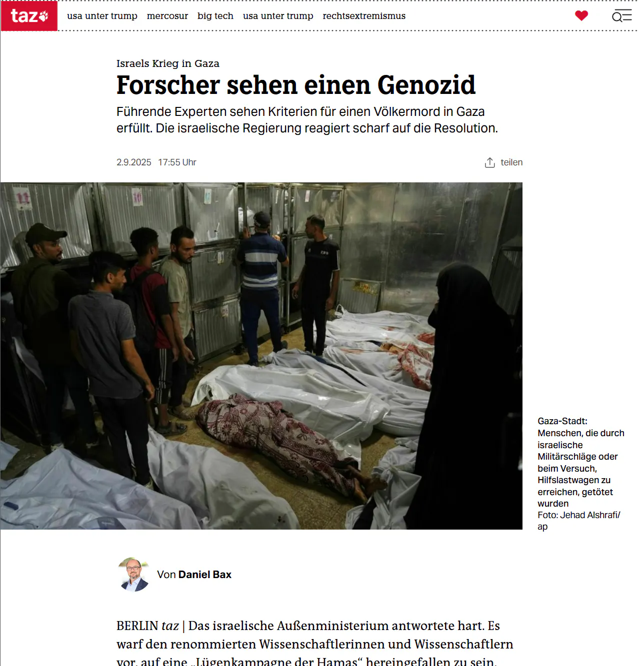 Screenshot des Beitrags der taz.