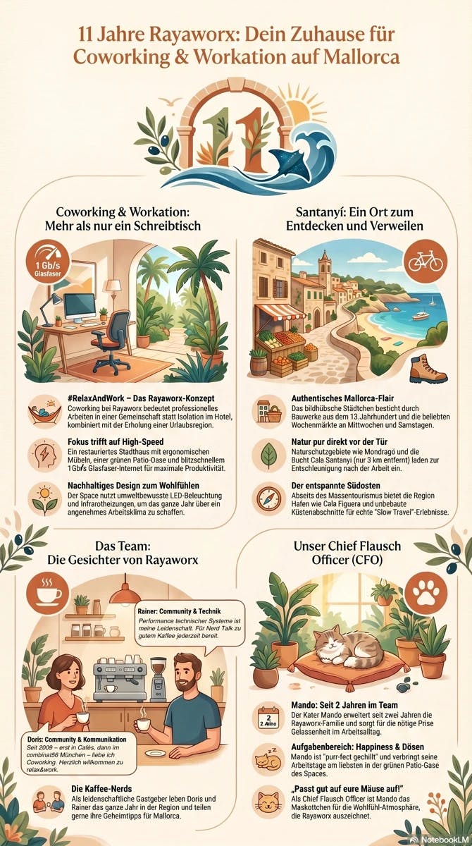 Infografik zu 11 Jahren Rayaworx Coworking Mallorca in Santanyí angefertigt in Kooperation von NotebookLM & DoSchu