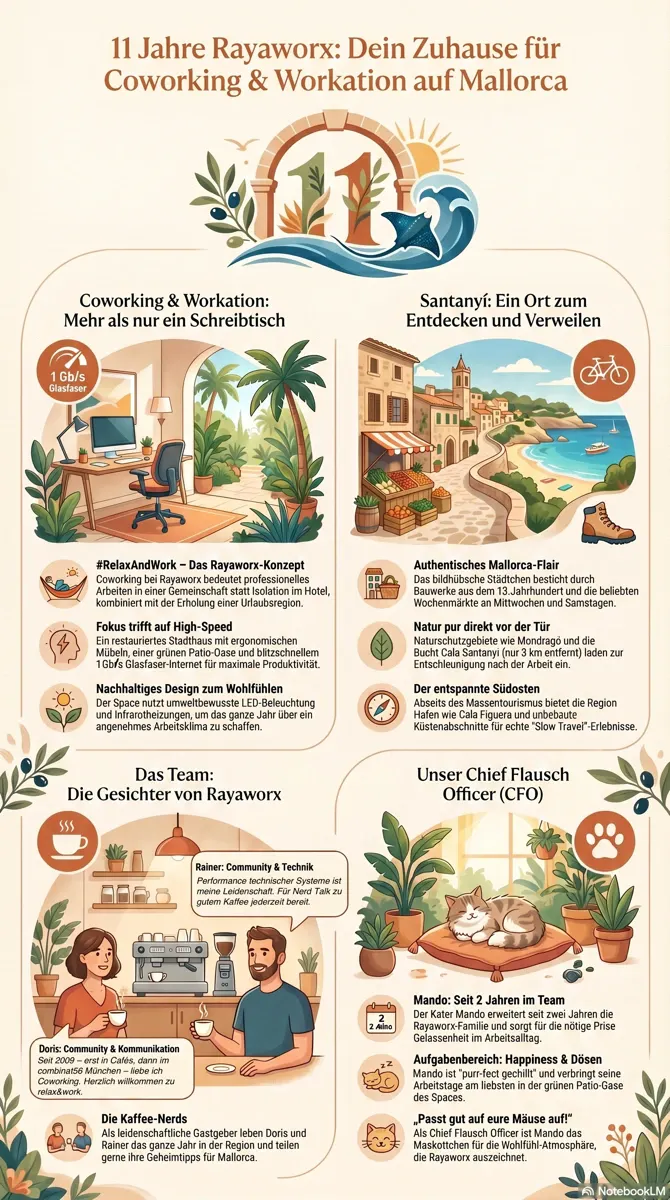 Infografik zu 11 Jahren Rayaworx Coworking Mallorca in Santanyí angefertigt in Kooperation von NotebookLM & DoSchu