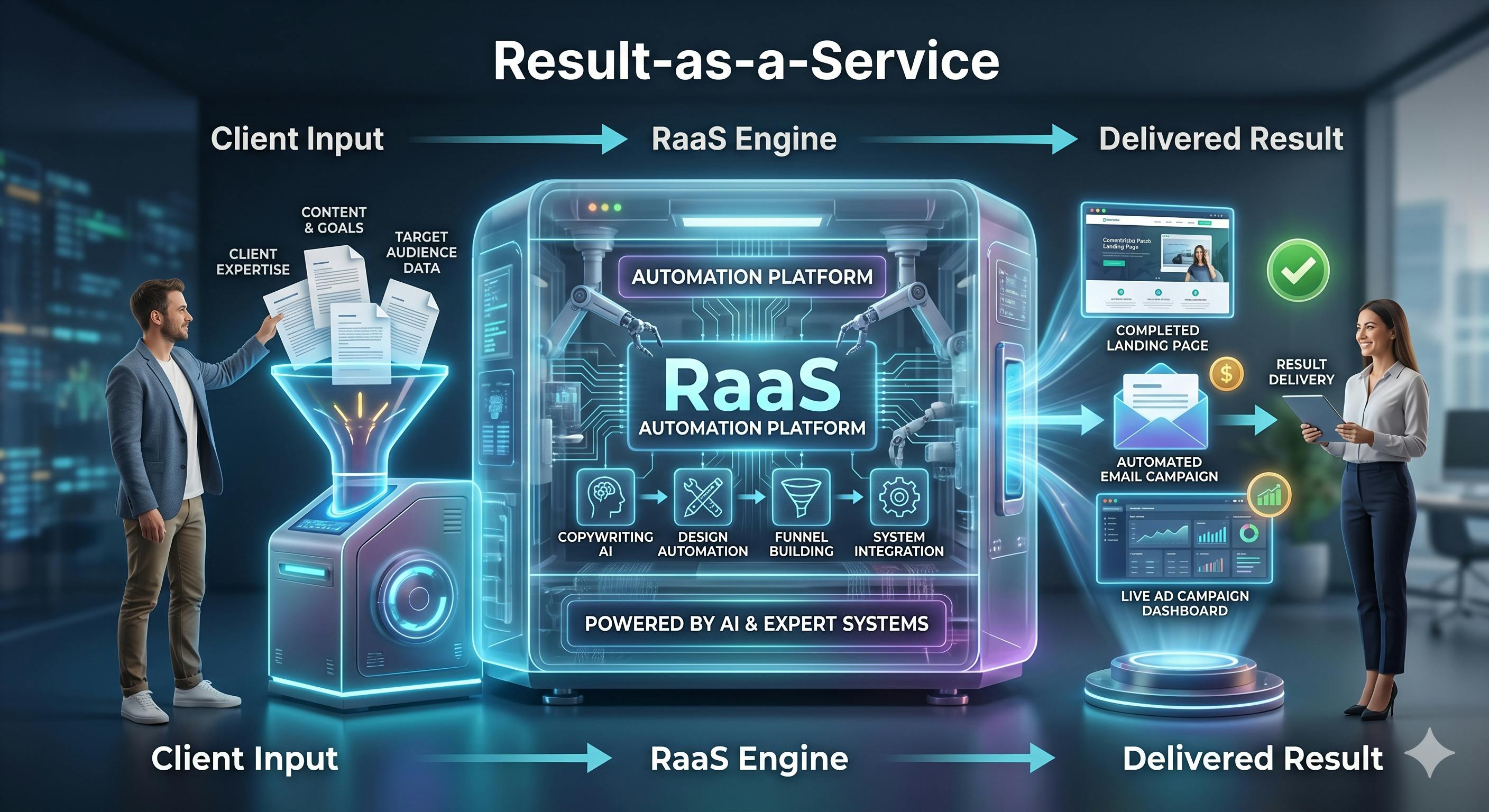 Eine detaillierte Infografik, die den Ablauf von "Result-as-a-Service" (RaaS) in drei chronologischen Schritten darstellt.

Auf der linken Seite unter "Client Input" füllt ein Mann Dokumente mit Kundenexpertise, Zielen und Zielgruppendaten in einen leuchtenden Trichter. In der Mitte befindet sich die "RaaS Engine", dargestellt als große, gläserne High-Tech-Maschine mit der Aufschrift "RaaS Automation Platform". Im Inneren führen Roboterarme und KI-Symbole automatisierte Aufgaben wie Copywriting, Design, Funnel-Building und Systemintegration aus. Auf der rechten Seite unter "Delivered Result" nimmt eine lächelnde Frau die fertigen, digitalen Endprodukte entgegen. Diese werden als schwebende Bildschirme visualisiert und zeigen eine fertige Landingpage, eine automatisierte E-Mail-Kampagne sowie ein Live-Dashboard für Werbeanzeigen. Leuchtende Pfeile verdeutlichen den reibungslosen Prozess von der Eingabe der Rohdaten bis zur Auslieferung des fertigen Ergebnisses.