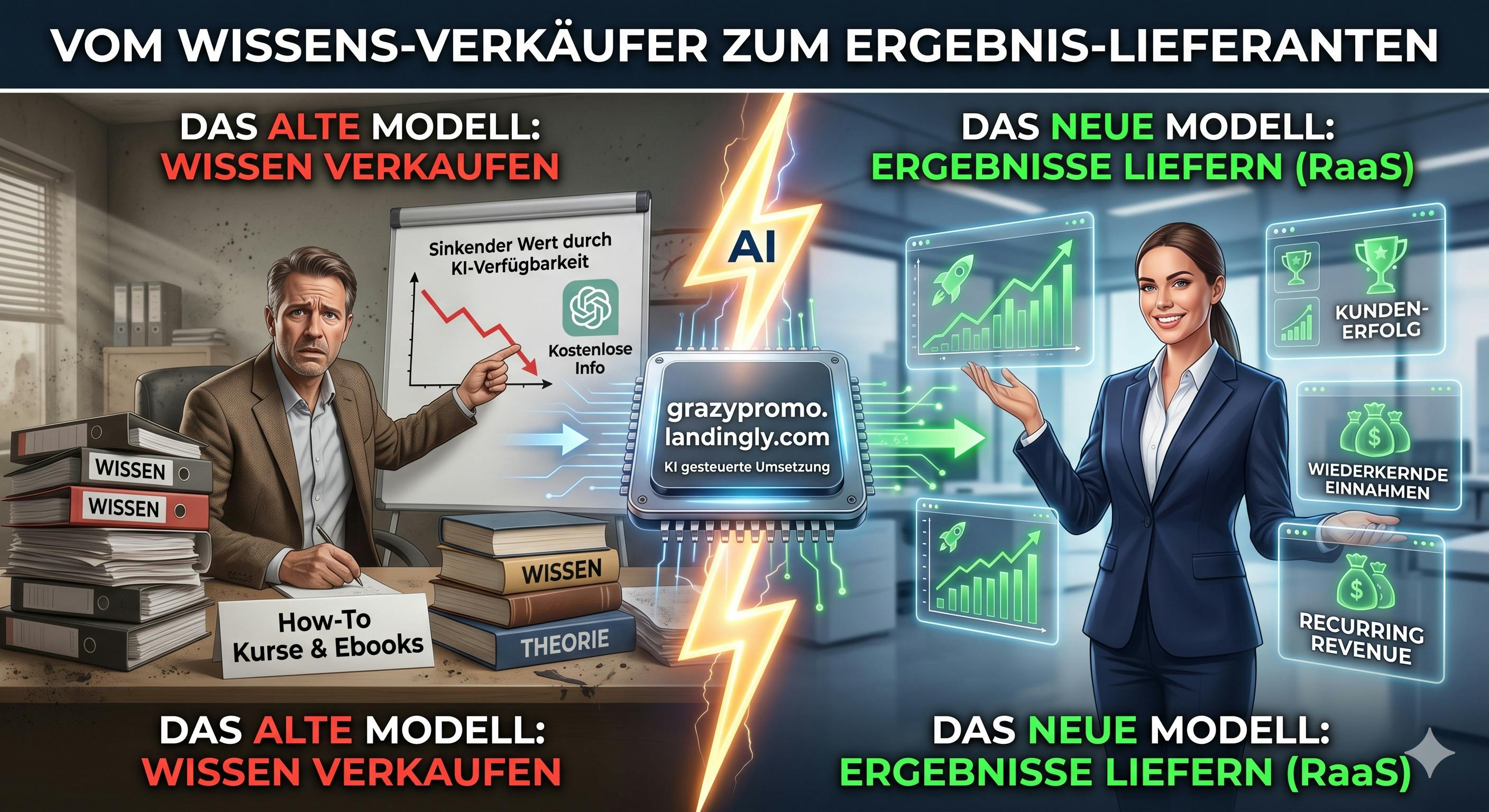 Grafische Gegenüberstellung zweier Geschäftsmodelle im Online-Marketing mit der Überschrift "Vom Wissens-Verkäufer zum Ergebnis-Lieferanten". Die linke Seite zeigt das "alte Modell" (Wissen verkaufen): Ein gestresster Berater sitzt an einem dunklen, überladenen Schreibtisch voller Theorie-Bücher und Ordner, während ein Diagramm im Hintergrund sinkende Werte durch kostenlose KI-Informationen darstellt. In der Bildmitte fungiert ein leuchtender KI-Prozessor mit der Aufschrift "grazypromo.landingly.com - KI gesteuerte Umsetzung" als technologischer Katalysator. Die rechte Seite präsentiert das "neue Modell" (Ergebnisse liefern / RaaS): Eine erfolgreiche, lächelnde Geschäftsfrau steht in einem modernen, hellen Büro und präsentiert schwebende, leuchtende Dashboards, die Kundenerfolg, steigende Wachstumskurven und wiederkehrende Einnahmen visualisieren.