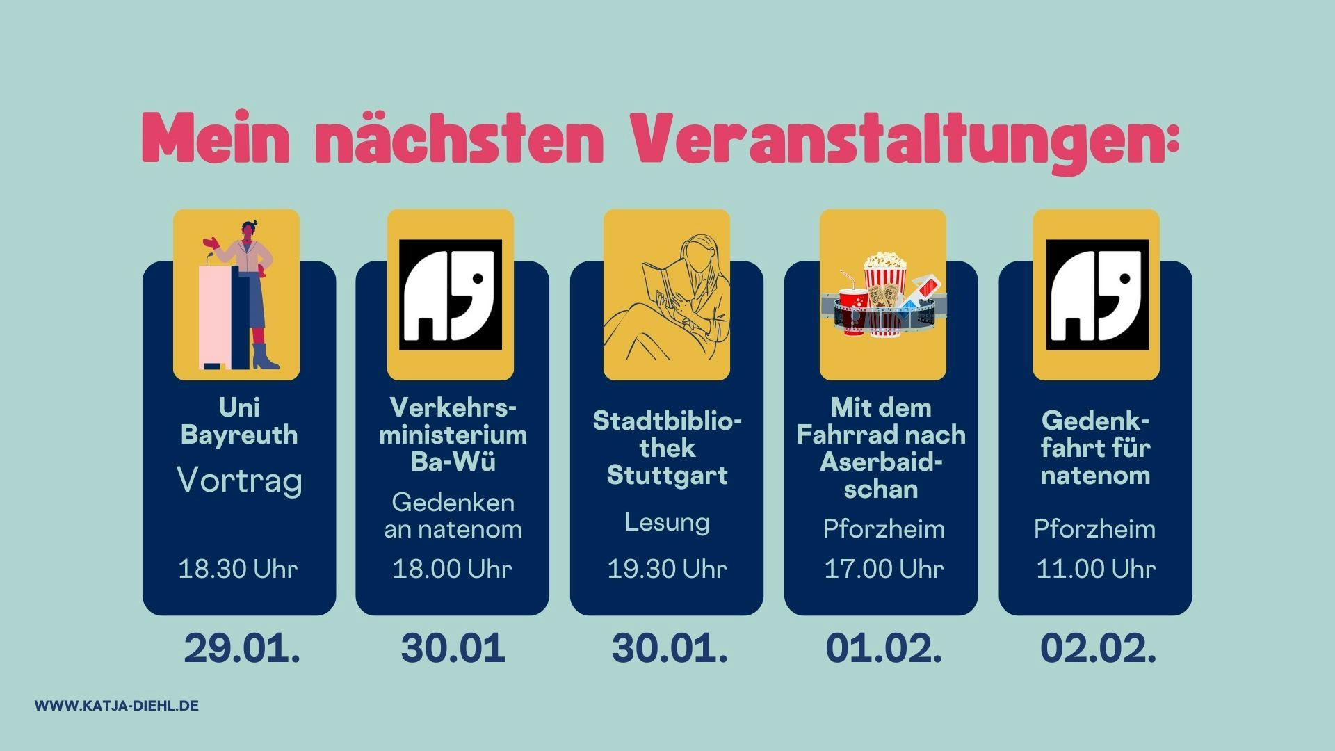 Meine nächsten Veranstaltungen:
Uni Bayreuth
Verkehrsministerium Ba-Wü
Stadtbibliothek Stuttgart
Mit dem Fahrrad nach Aserbaidschan
Gedenkfahrt für natenom