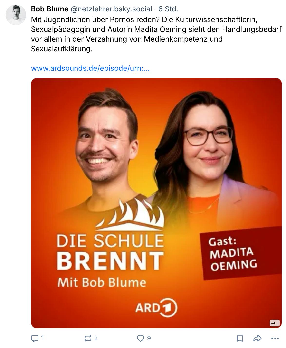 Ankündigung der Folge "Die Schule brennt" mit Madita Oeming auf Bluesky