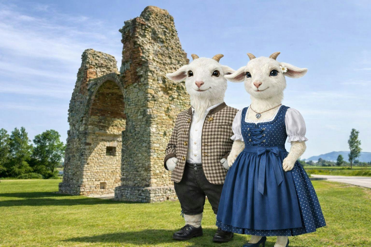 KI-generiertes Bild zweier Ziegen in Trachtenkleidung vor dem Heidentor in Petronell-Carnuntum.
