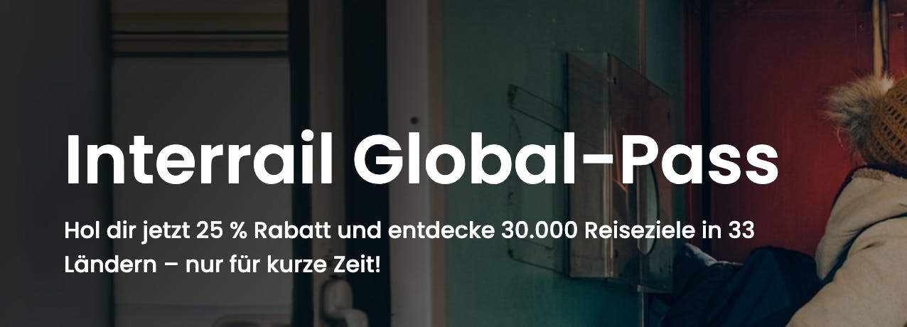 Screenshot von der Interrail-Seite, dass grad 25 % Rabatt auf den Tickets liegt.