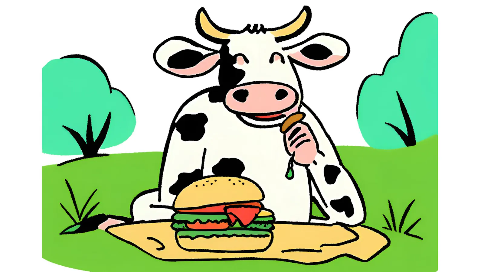Eine Milchkuh sitzt auf einer grünen Wiese und frisst einen Burger.