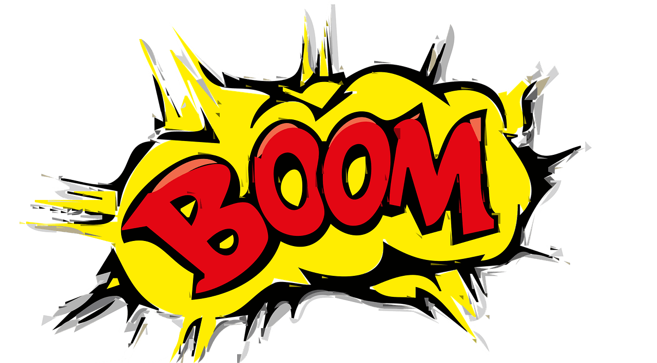 Ein Comicschriftzug: In großen roten Lettern steht das Wort Boom auf einer an den schwarzen Rändern ausgefransten gelben Sprechblase.