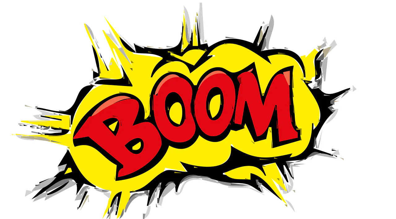 Ein Comicschriftzug: In großen roten Lettern steht das Wort Boom auf einer an den schwarzen Rändern ausgefransten gelben Sprechblase.