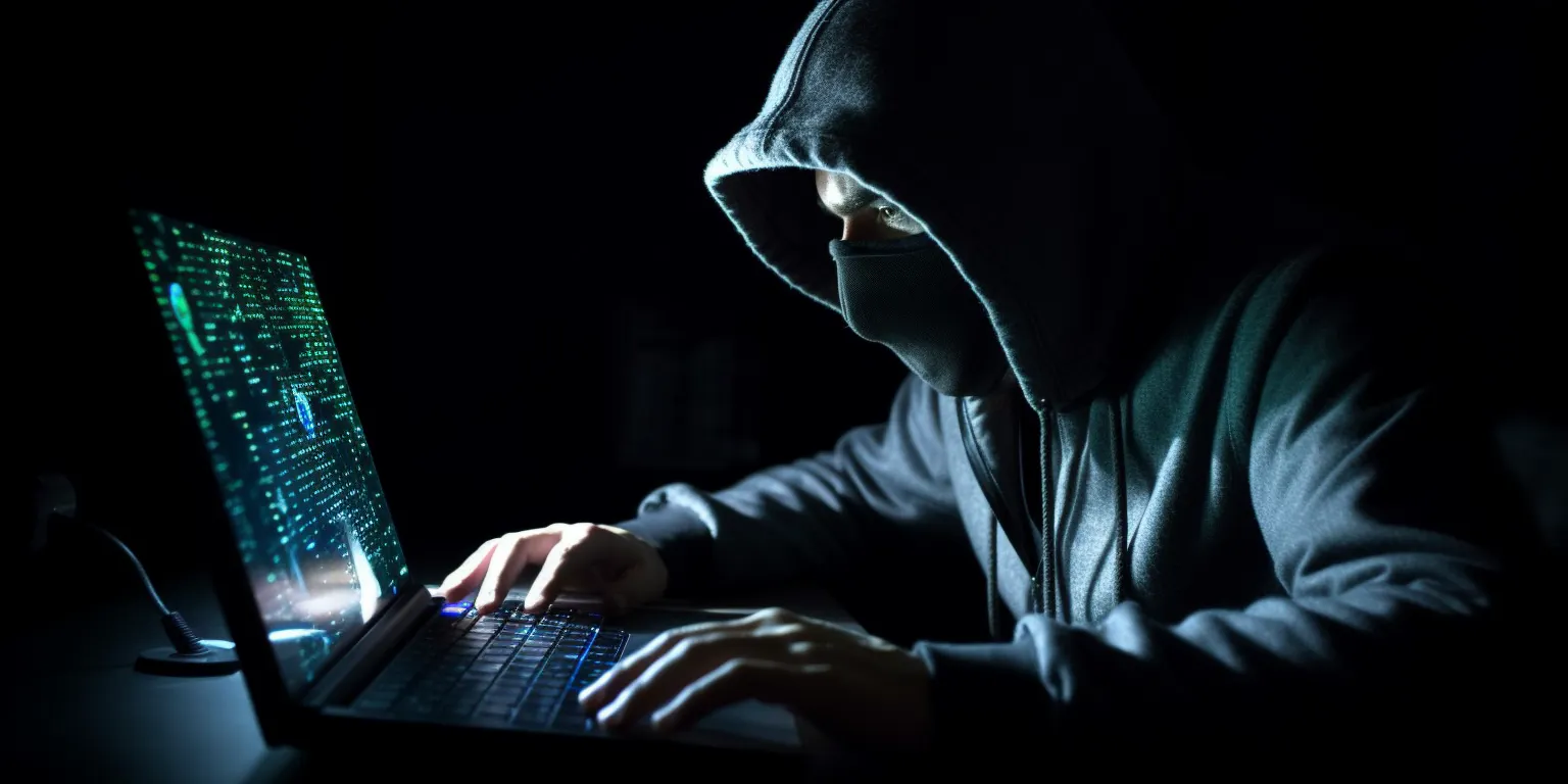 Symbolbild eines Hackers: Ein Mann mit Sturmmaske und dunklem Hoodie sitzt vor einem Rechner und schreibt Code. (AI generated)