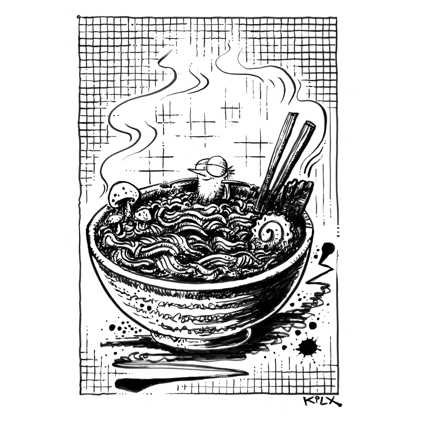 Schwarz-weiße Tuschezeichnung einer dampfenden Ramen-Suppe in einer großen Schüssel. Zwischen den Nudeln sitzt entspannt eine kleine Fliege, als würde sie in der heißen Brühe baden. Um sie herum Nudeln, Pilze und ein Paar Essstäbchen, die am Schüsselrand lehnen.