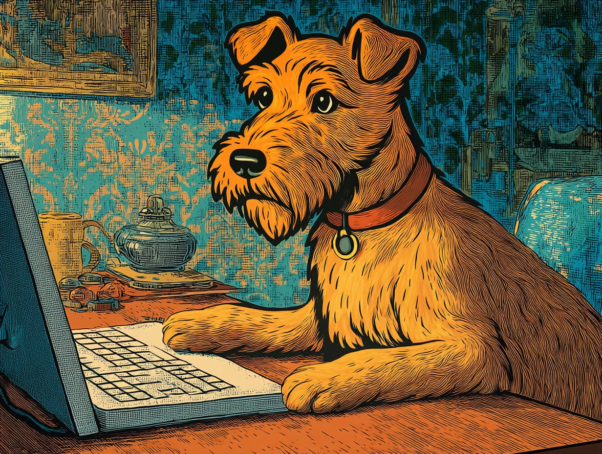 Ein Hund sitzt am Computer
