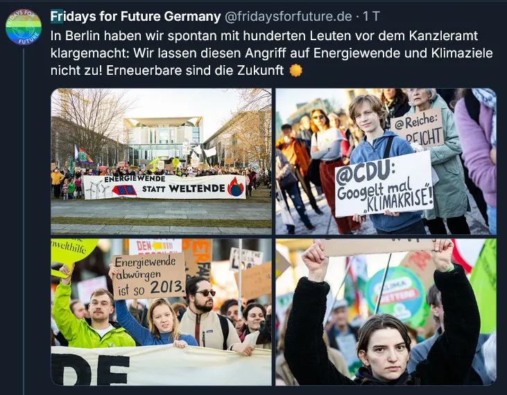 Screenshot von FFF Berlin: In Berlin haben wir spontan mit hunderten Leuten vor dem Kanzleramt klargemacht: wir lassen diesen Angriff auf Energiewende und Klimaziele nicht zu! Darunter Fotos von der Demo.