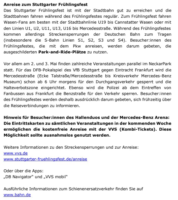 Anfahrt zum Wasen, Infos von in.Stuttgart