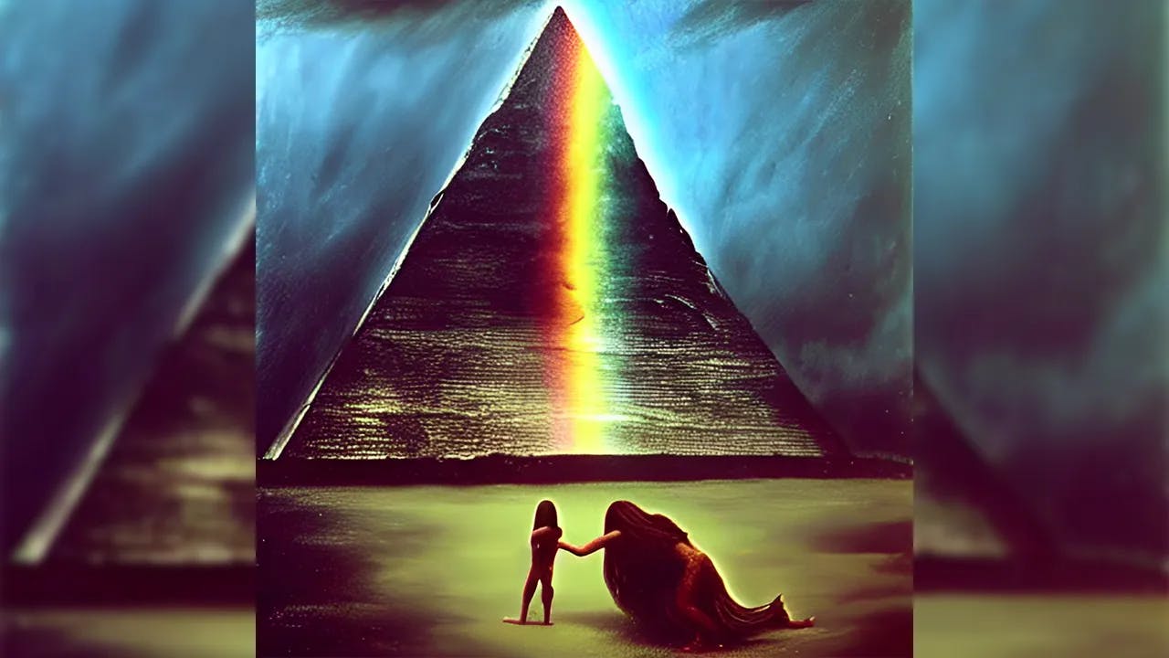 Eine Frau mit langen Haaren kniet auf dem Boden und greift ein Kind neben ihr am Arm. Beide stehen vor einer Pyramide, aus der ein Regenbogen aufsteigt.