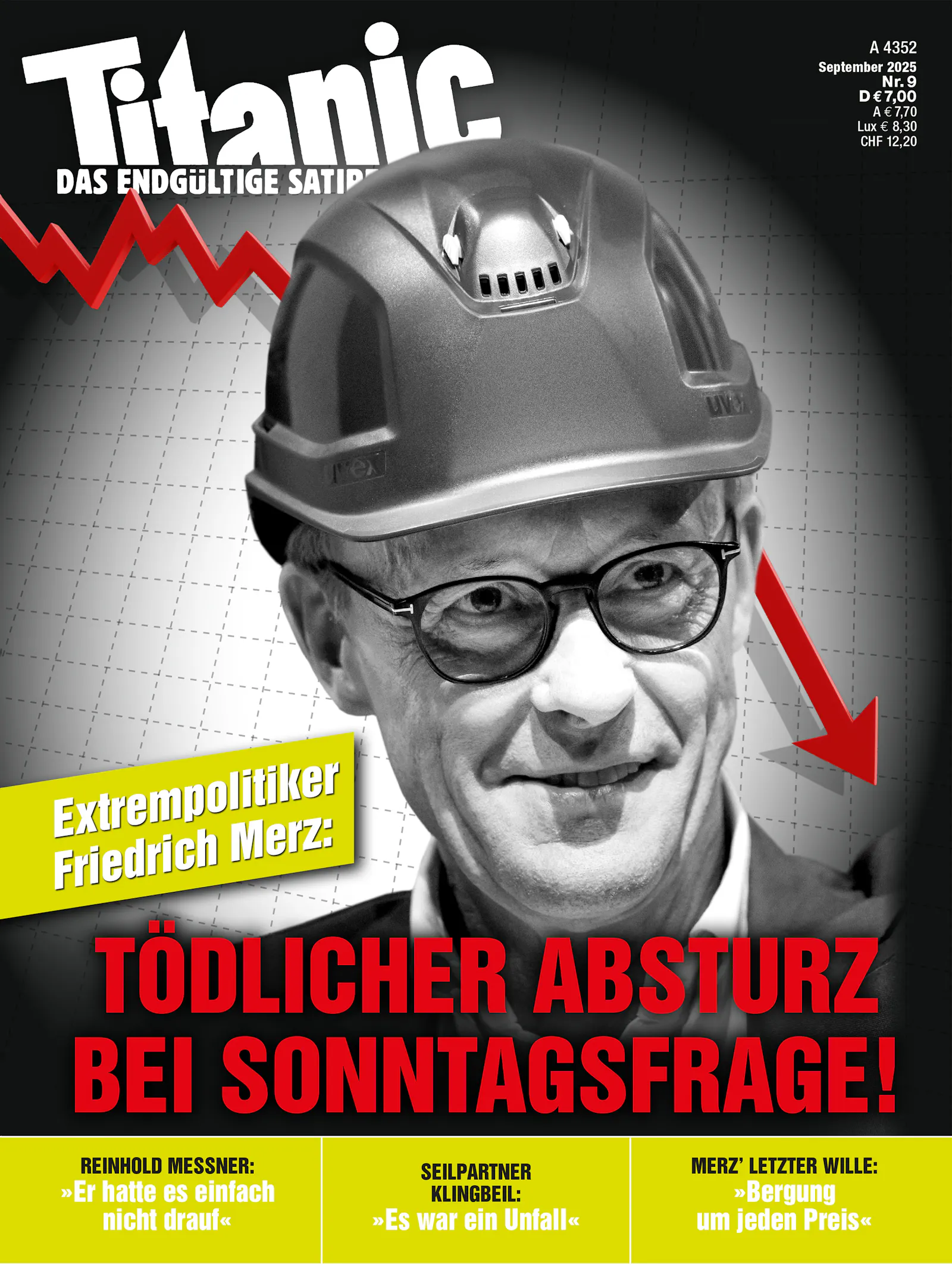 Zu sehen ist ein nach unten weisender Graph, davor ein Schwarz-Weiß-Bild von Friedrich Merz und die Schlagzeile: "Extrempolitiker Friedrich Merz: Tödlicher Absturz bei Sonntagsfrage!" Darunter in klein: "Reinhold Messner: 'Er hatte es einfach nicht drauf'", "Seilpartner Klingbeil: 'Es war ein Unfall'" sowie "Merz’ letzter Wille: 'Bergung um jeden Preis'".
