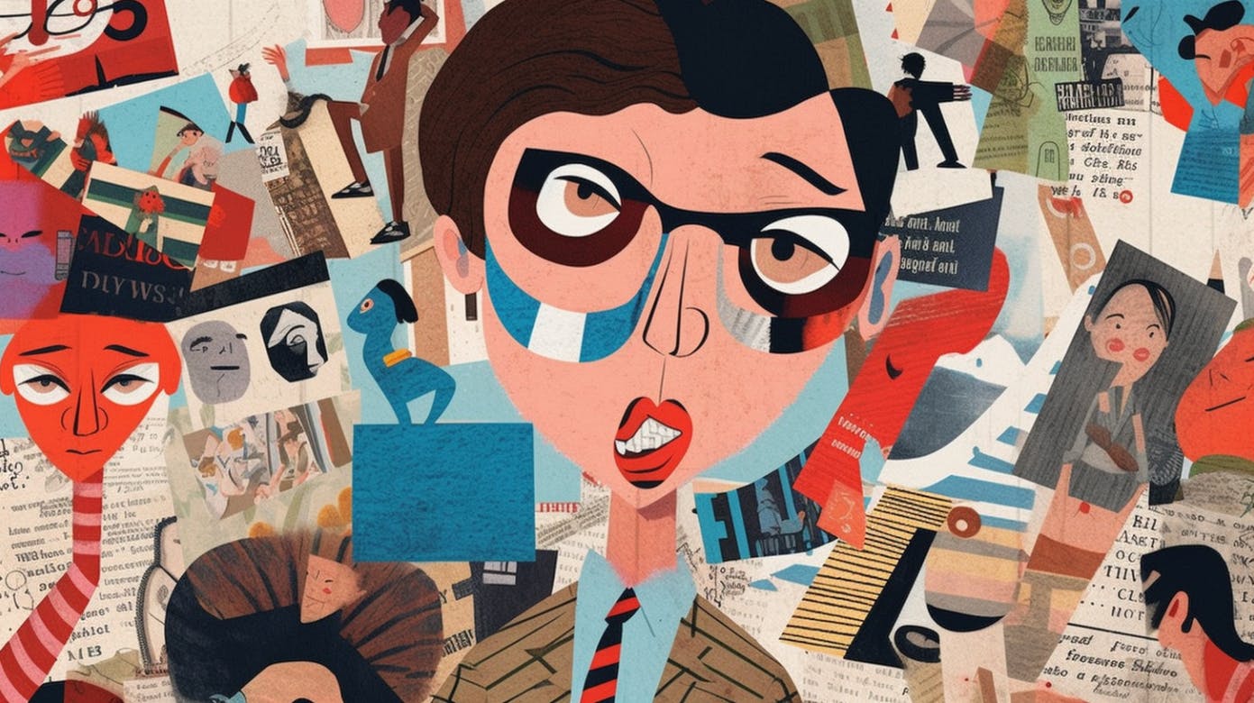 Collage im Comic-Stil mit Zeitungsauschnitten im Hintergrund und einer gezeichneten, verzerrten Person in der Mitte