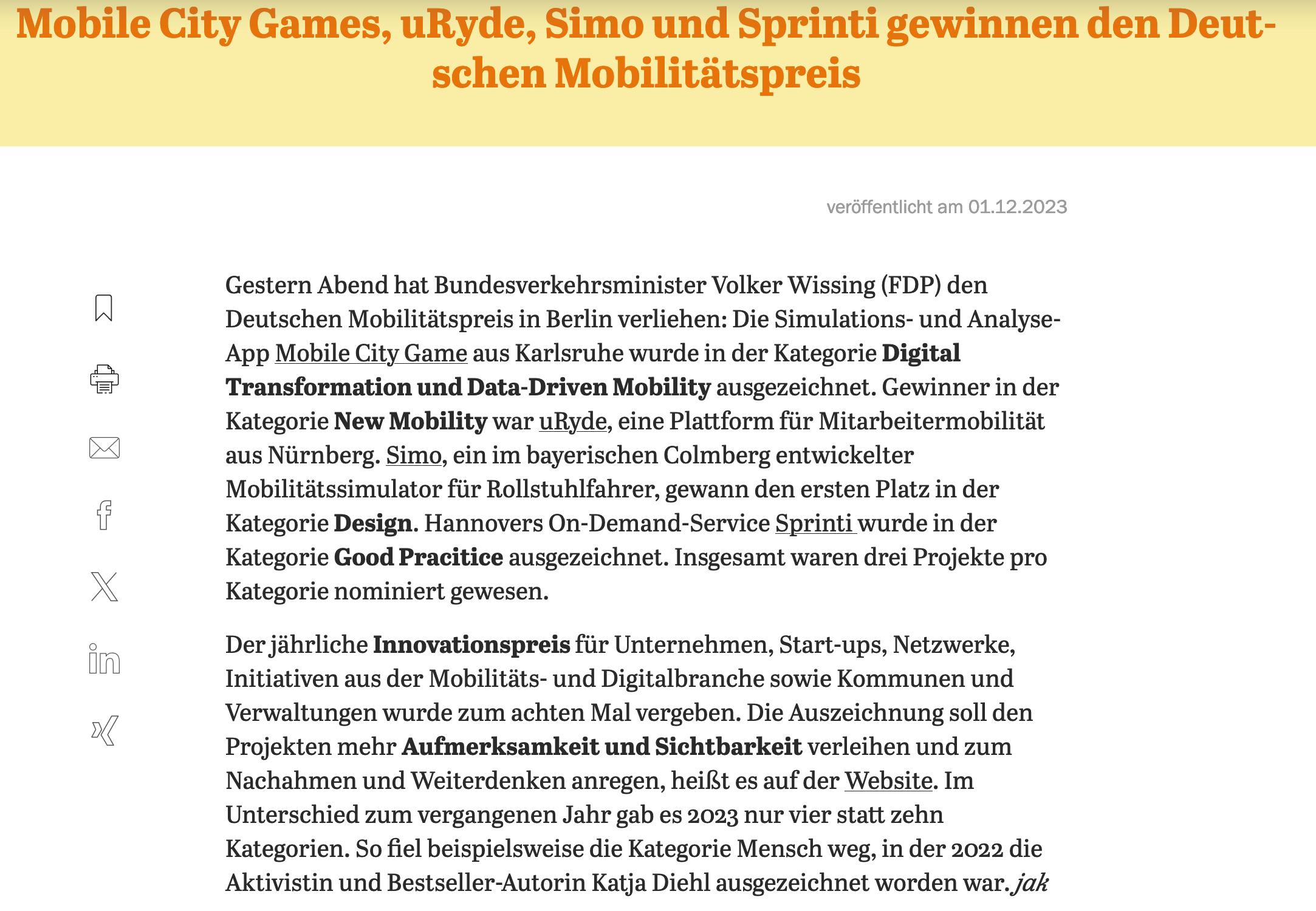 Screenshot aus dem Tagesspiegel Background, in dem thematisiert wird, wie sehr der Mobilitätspreis zusammengedampft wurde.