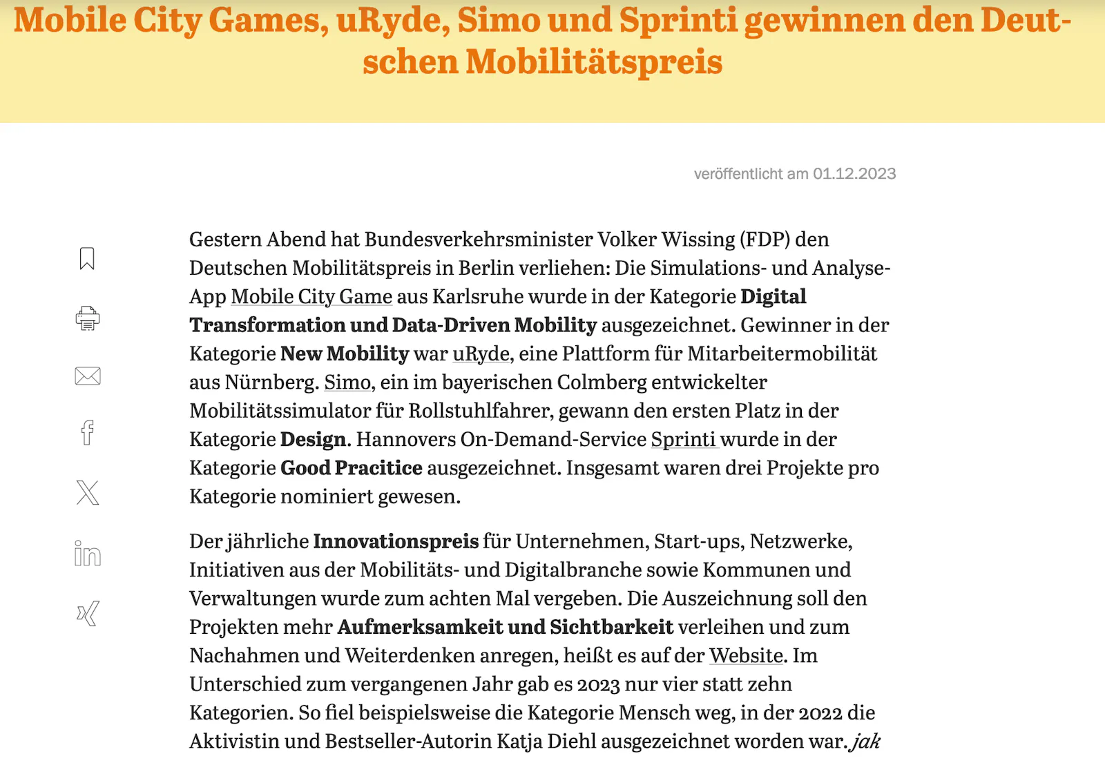 Screenshot aus dem Tagesspiegel Background, in dem thematisiert wird, wie sehr der Mobilitätspreis zusammengedampft wurde.
