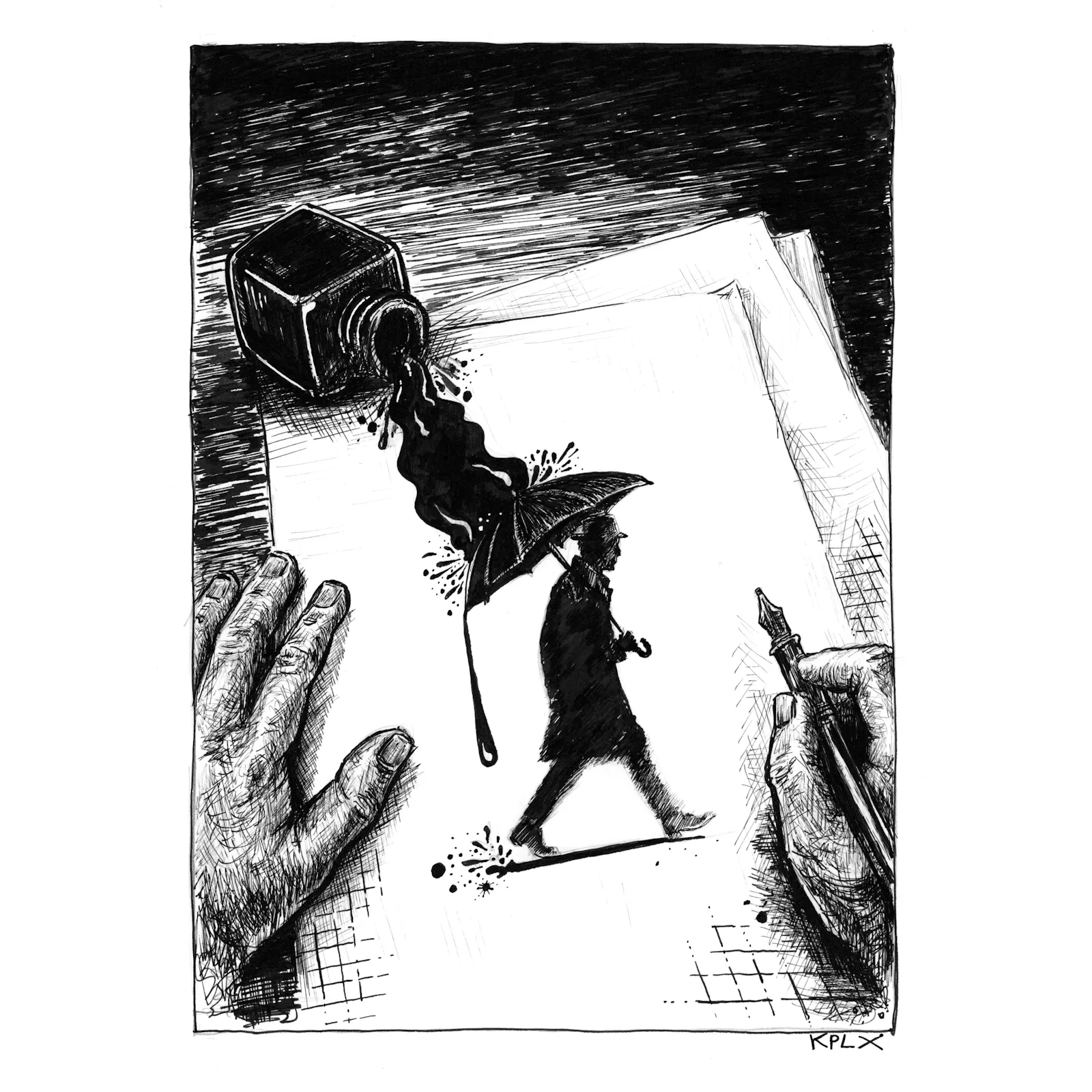 A detailed black-and-white ink drawing shows a sheet of paper on a table. On the left lies an open hand, while the right hand holds a fountain pen. Black ink spills from an overturned inkwell and flows across the drawing, where a man with a hat and umbrella appears to walk through the ink. The umbrella shields him from the dripping ink.